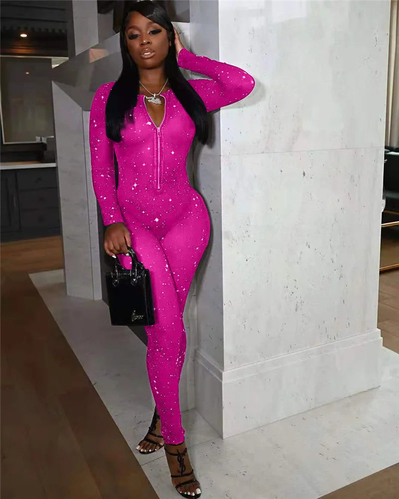 Galaxy Print Mesh Sheer Jumpsuit Women Overalls Front Zipper V-neck Bodycon Rompers Sexy Midnight Clubwear One Piece Outfits