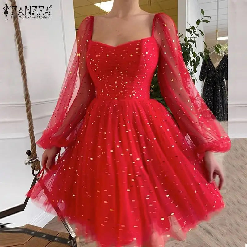 ZANZEA Elegant Women Dress 2024 Spring Summer Lace Patchwork Knee Length Dresses Casual Solid Long Sleeve A-line Oversized Robe