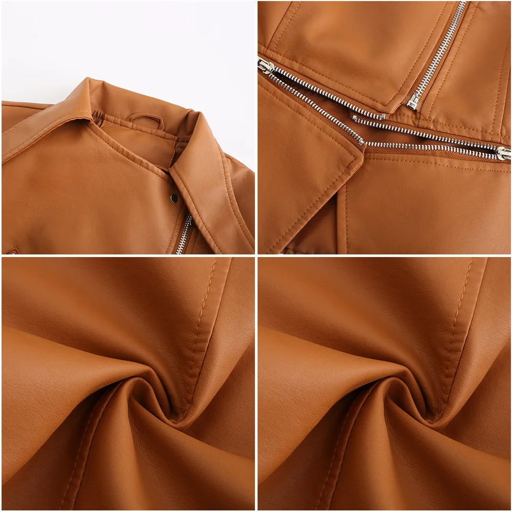 Spring Autumn Motorcycle PU Leather Jacket Women Casual Leather Coat Female Long Sleeve Turn-down Collar Solid Outwear