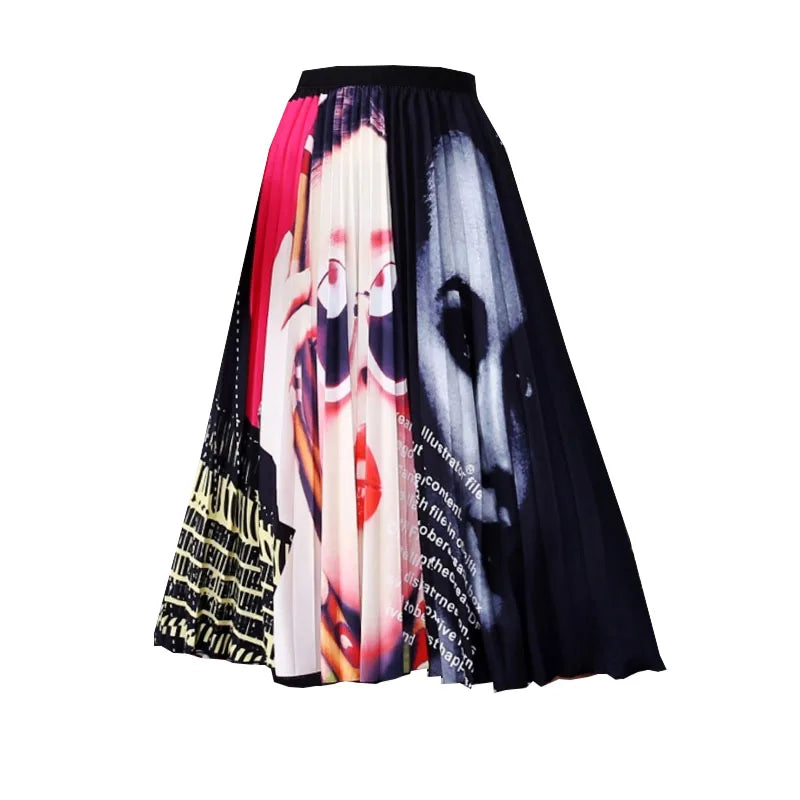 Casual Floral Midi Pleated Skirt For Women Fashion Printed Flower A Line Elastic High Waist Mid-length Skirt Female Ladies falda