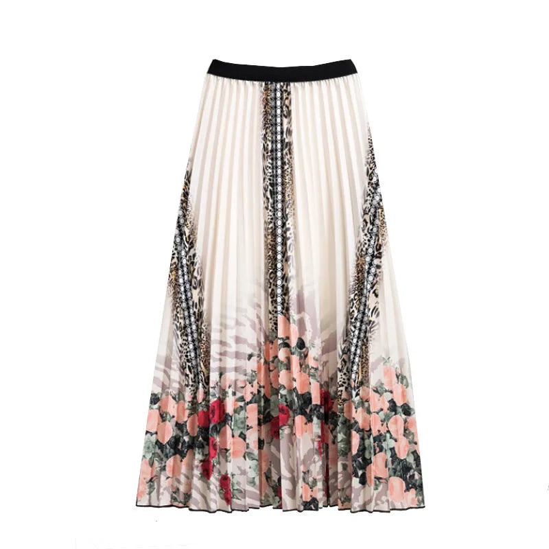 Casual Floral Midi Pleated Skirt For Women Fashion Printed Flower A Line Elastic High Waist Mid-length Skirt Female Ladies falda