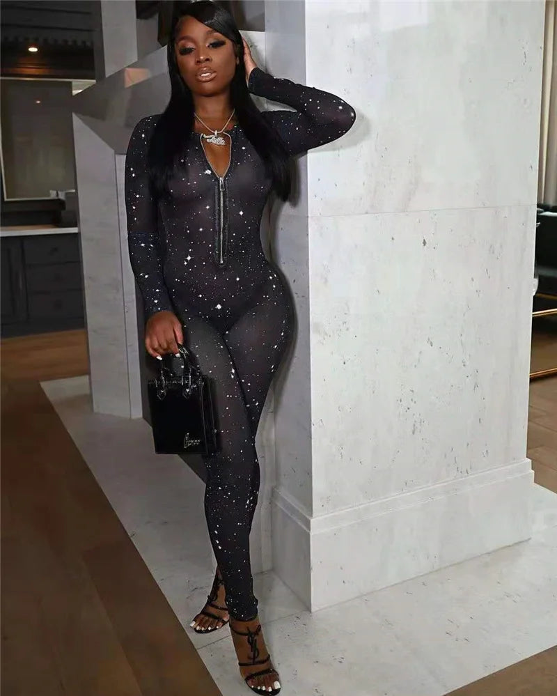 Galaxy Print Mesh Sheer Jumpsuit Women Overalls Front Zipper V-neck Bodycon Rompers Sexy Midnight Clubwear One Piece Outfits