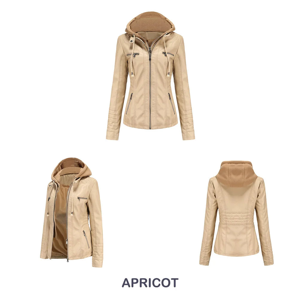 Autumn Winter Women Leather Jacket Hooded Removable PU Leather Jackets Motorcycle Long Sleeve Zipper Coat Black Outerwear XS-7XL