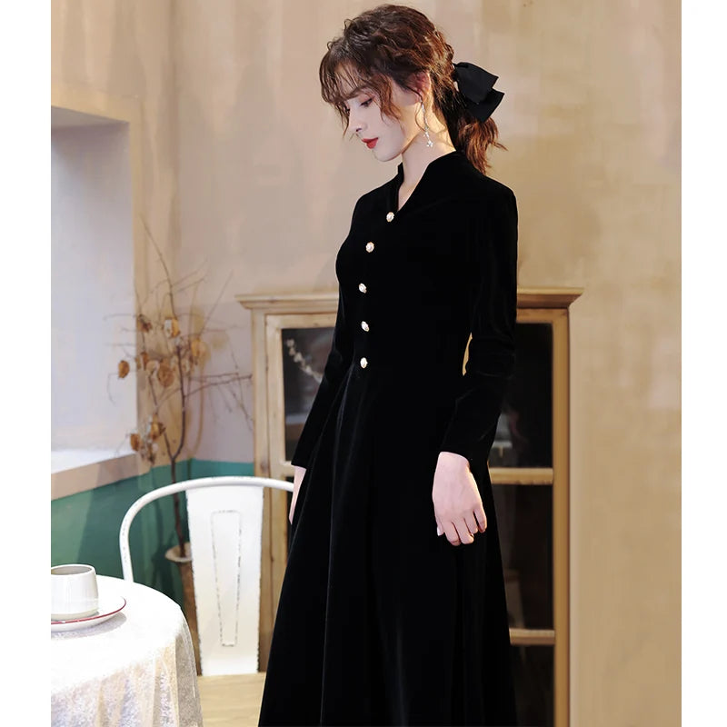 Customized Plue Size Black Velour Muslim Evening Gown V-Neck A-Line Floor Length Dress Long Sleeve Zipper Black Evening Dress