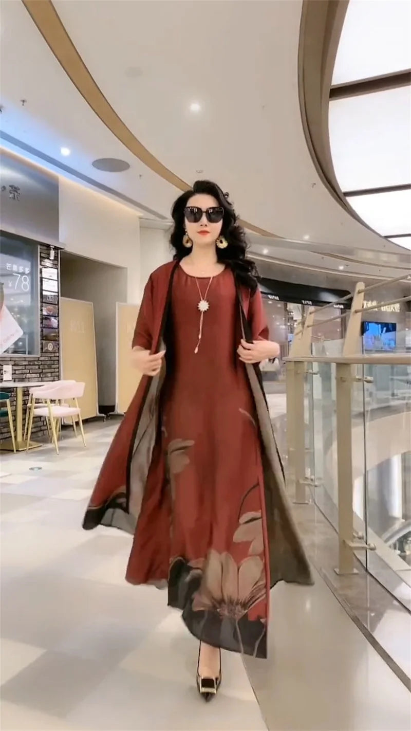 Middle Aged Mother Dress Suit Summer Casual Fashion Printing Two Piece Suits Long Dress Suits Women Temperament Dress Sets 729