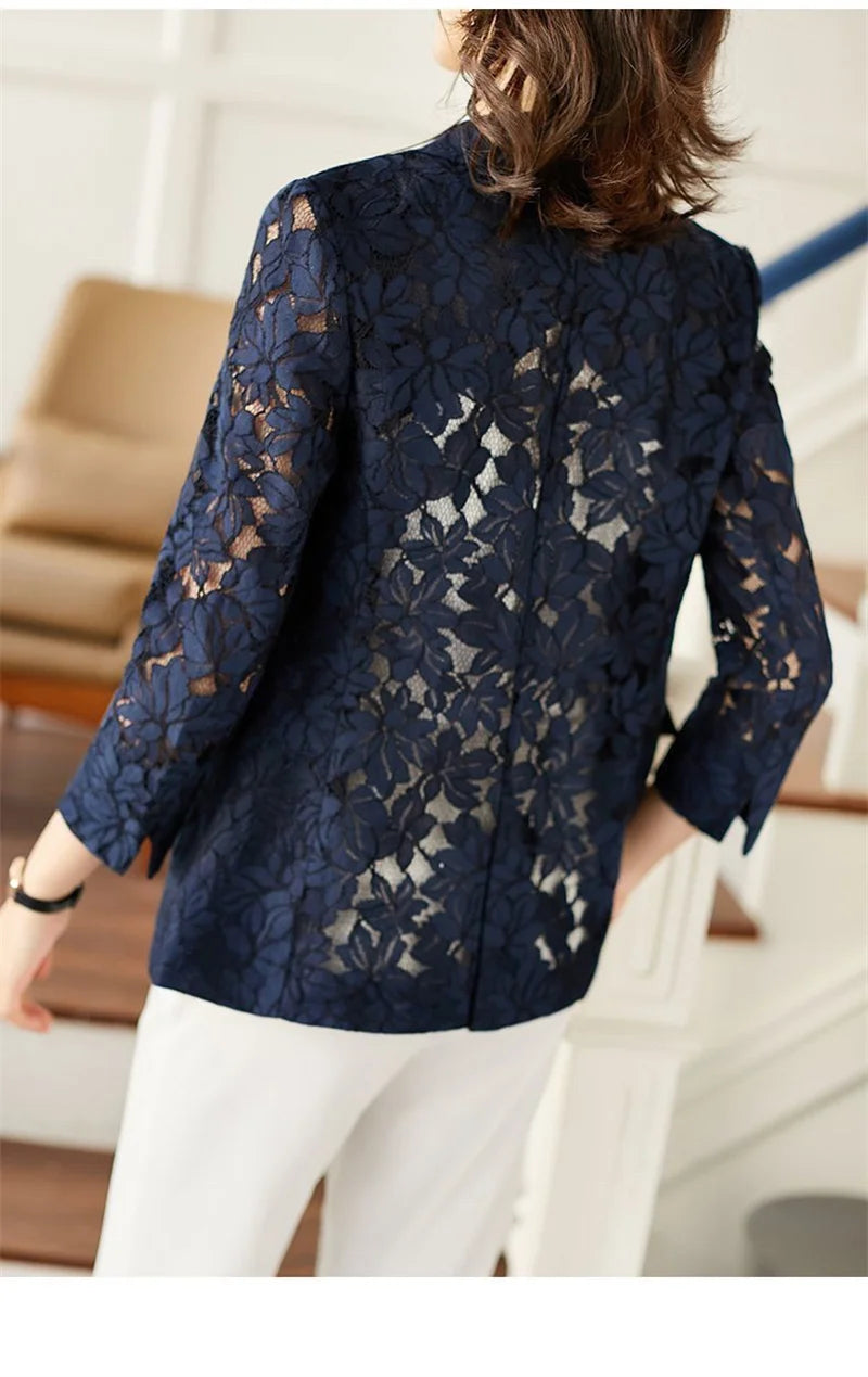 Size 6XL Lace Suit Jacket Female 2021 Autumn And Summer Temperament Sunscreen Hollow Blue Ladies Blazer Women Tops Elegant