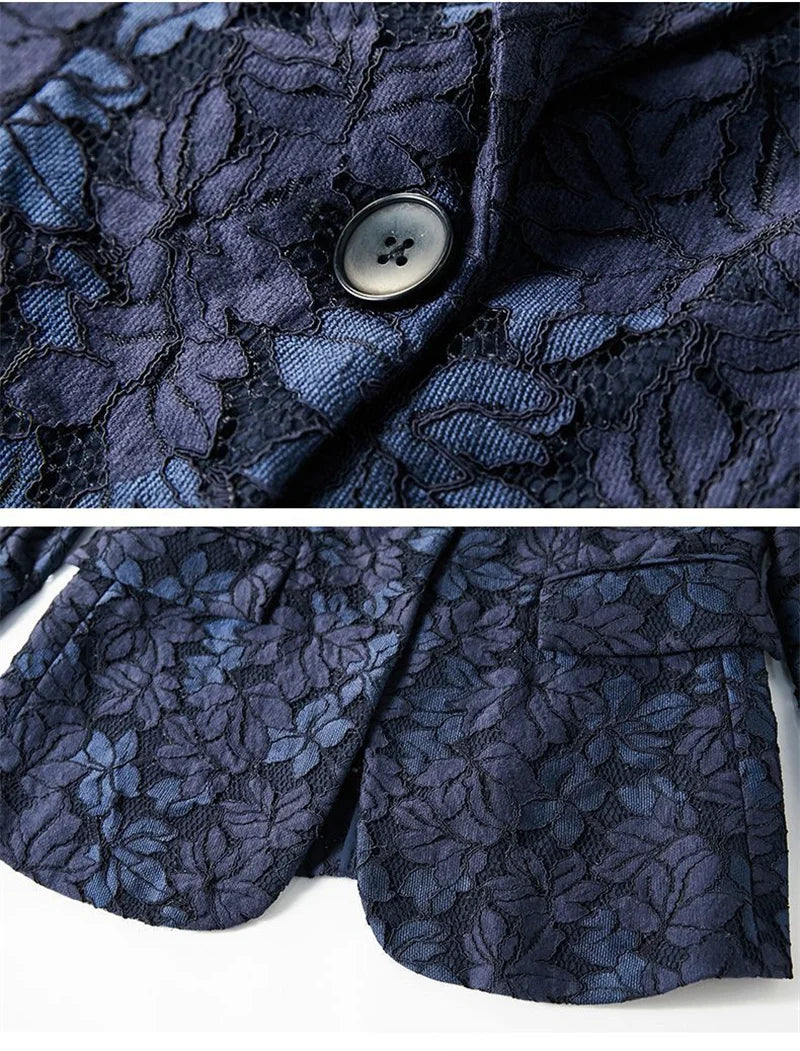 Size 6XL Lace Suit Jacket Female 2021 Autumn And Summer Temperament Sunscreen Hollow Blue Ladies Blazer Women Tops Elegant
