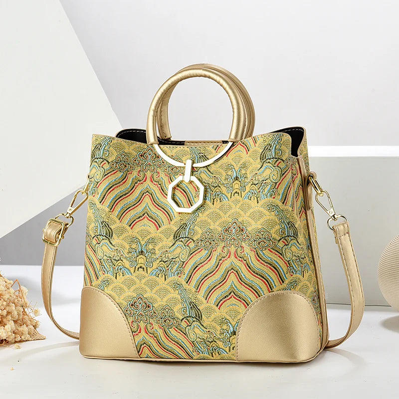 2024 Women's Large Capacity Printed Bucket Bag New Chinese Style Crossbody Tote Atmospheric Handbag Delivery Included Polyester