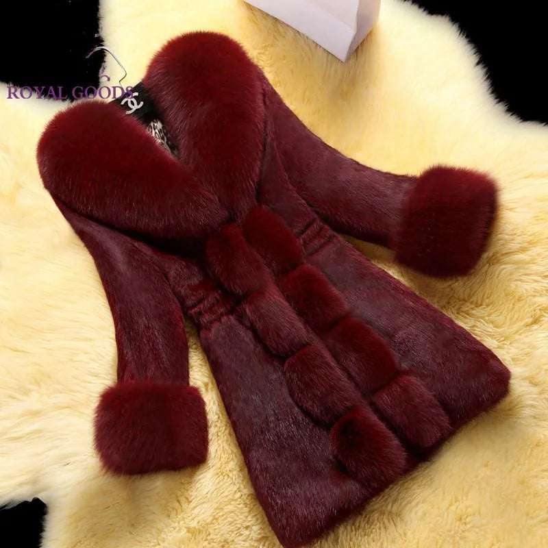 Vintage 2024 New Autumn Winter Female Mid-Long Fleece Overcoat Faux Fur Fox Fur Collar Mink Fur Coat Thicken Elegant 408