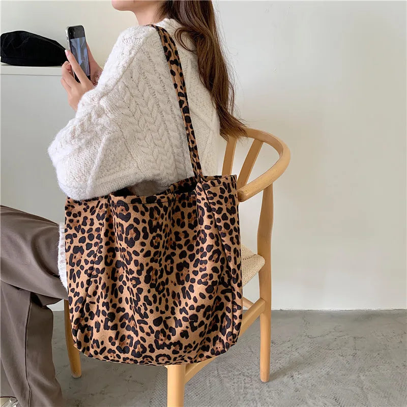 Fashion Women's Leopard Print Canvas Tote Bag Large Capacity Eco-Friendly Portable Foldable Shoulder Shopping Bag