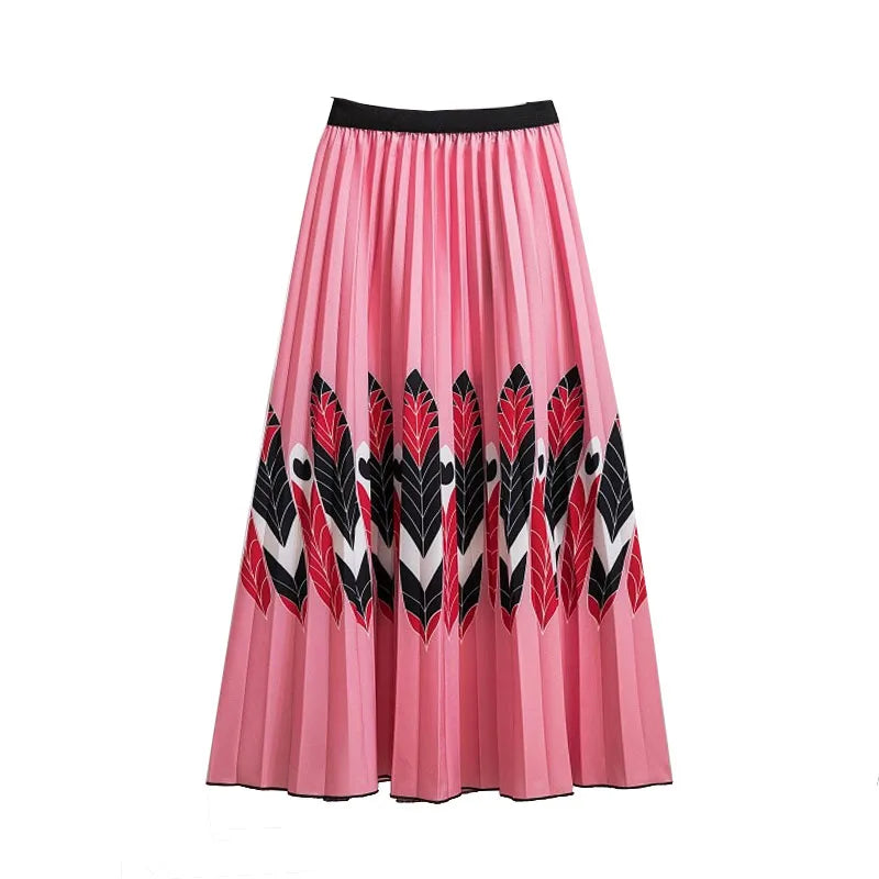 Casual Floral Midi Pleated Skirt For Women Fashion Printed Flower A Line Elastic High Waist Mid-length Skirt Female Ladies falda