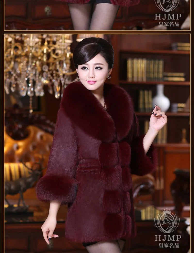 Vintage 2024 New Autumn Winter Female Mid-Long Fleece Overcoat Faux Fur Fox Fur Collar Mink Fur Coat Thicken Elegant 408