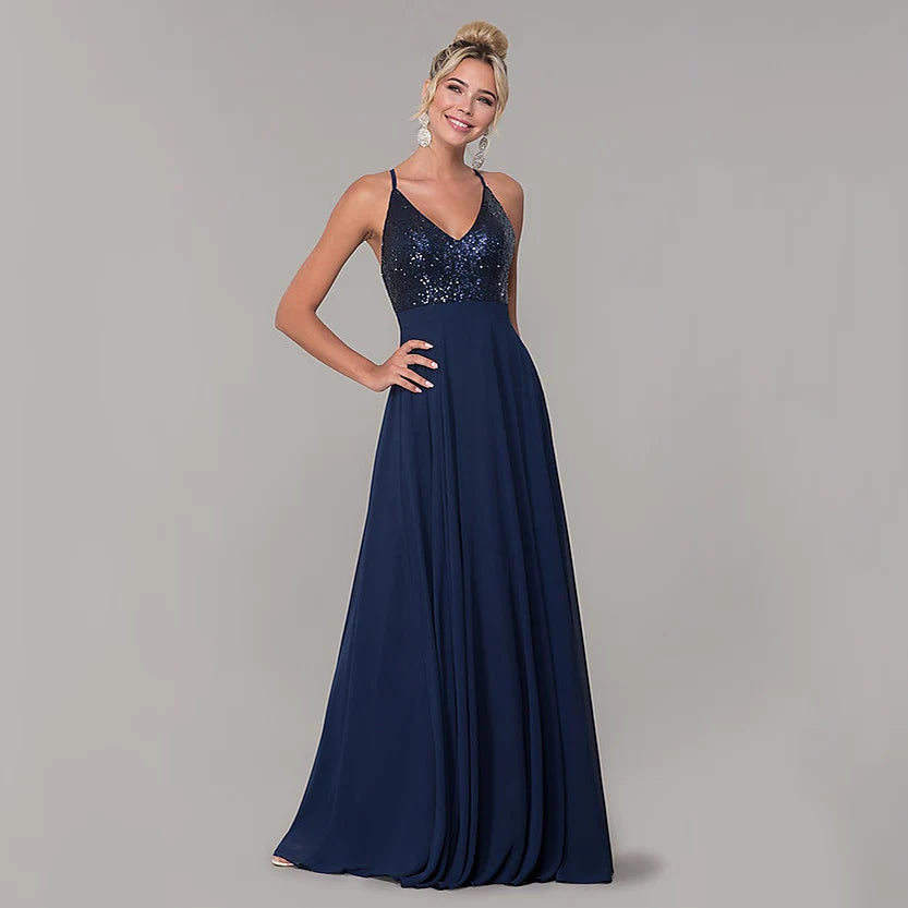 AE104 Robe De Soiree Navy Blue New Elegant A Line V Neck Backless Long Formal Evening Dresses Sequined Party Gowns Customized
