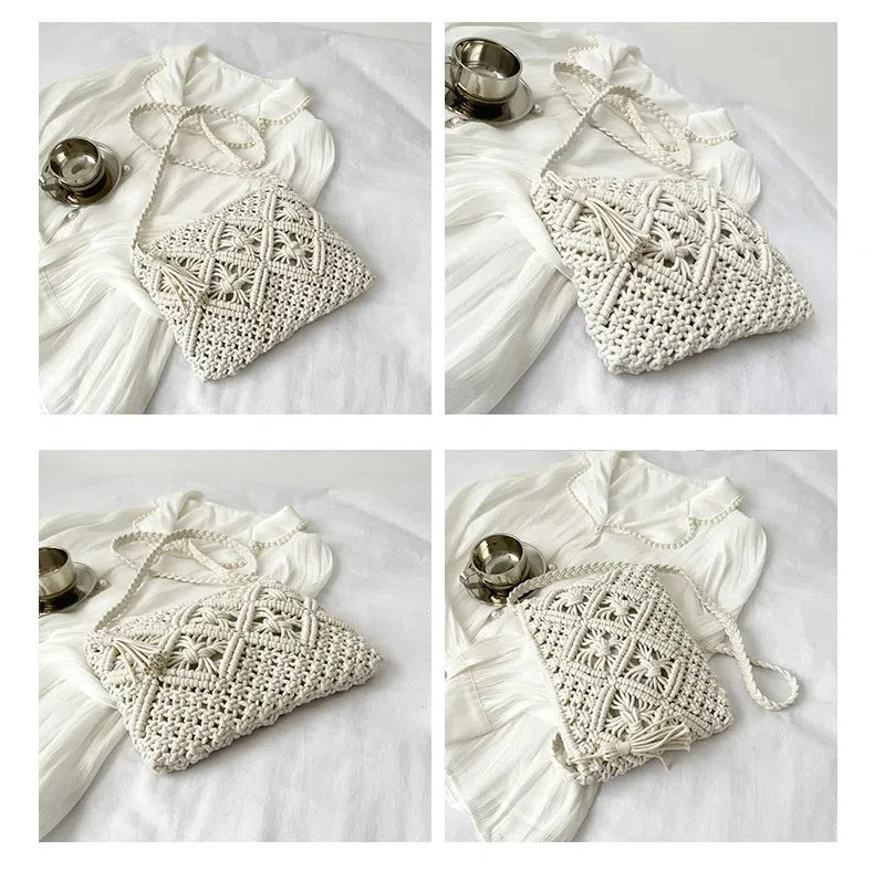 Women's Bohemian Style Handmade Woven Tassel Causal Cotton Crochet Clutch Bags Woven Straw Bag Purse Handbags Summer Beach Bag