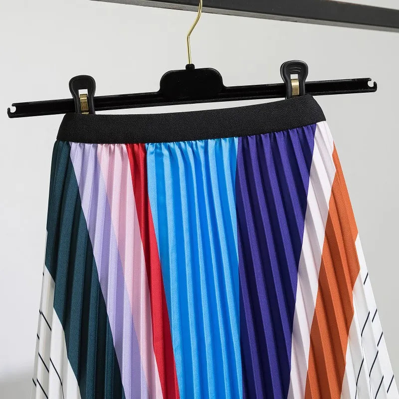Casual Floral Midi Pleated Skirt For Women Fashion Printed Flower A Line Elastic High Waist Mid-length Skirt Female Ladies falda