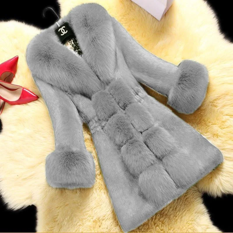 Vintage 2024 New Autumn Winter Female Mid-Long Fleece Overcoat Faux Fur Fox Fur Collar Mink Fur Coat Thicken Elegant 408