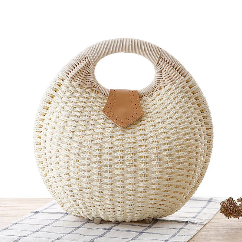 2025 Fashion Women's Shell Handbag Cute Rattan Straw Handwoven Totes Casual Simple Braided Top-handle Bag Shell Shape