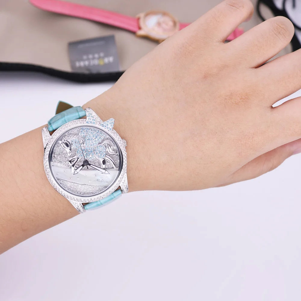 Luxury Unicorn Melissa Women's Watch Rhinestone Crystal Fashion Hour Real Leather Bracelet Clock Girl's Birthday Gift Box