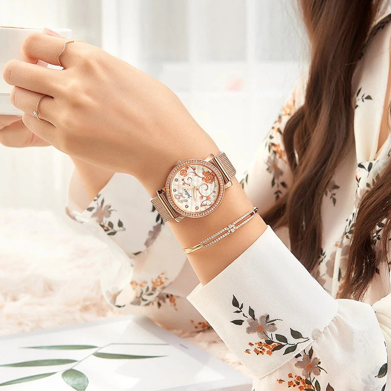 Rose Flower Japan Quartz Lady Women's Watch Elegant Lattice Fashion Hour Bracelet Elastic Watch Band Girl's Gift Julius No Box