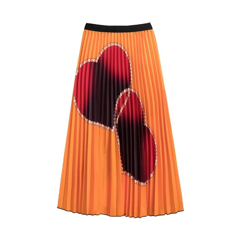 Casual Floral Midi Pleated Skirt For Women Fashion Printed Flower A Line Elastic High Waist Mid-length Skirt Female Ladies falda