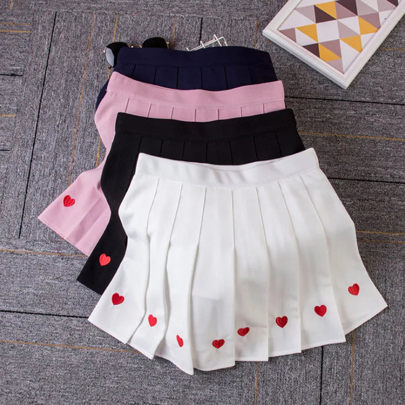 Black Heart Embroidery Pleated Mini Skirt Women Summer Girl High School Student Skirt Sweet High Waist Skirt Aline Saia Feminina