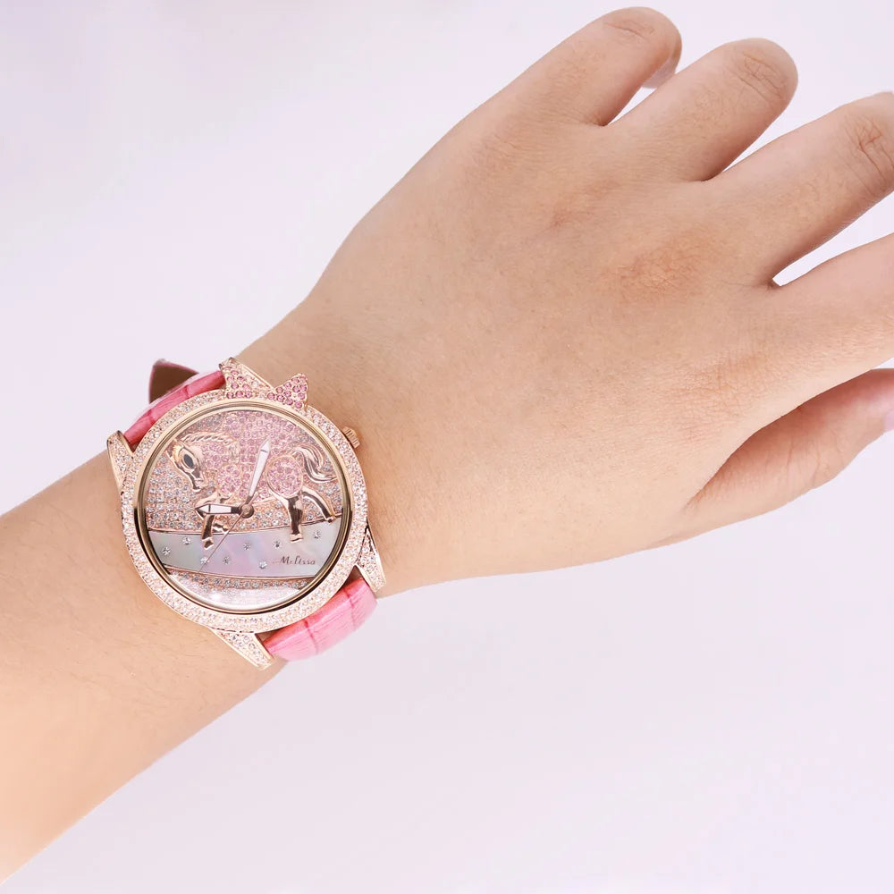Luxury Unicorn Melissa Women's Watch Rhinestone Crystal Fashion Hour Real Leather Bracelet Clock Girl's Birthday Gift Box