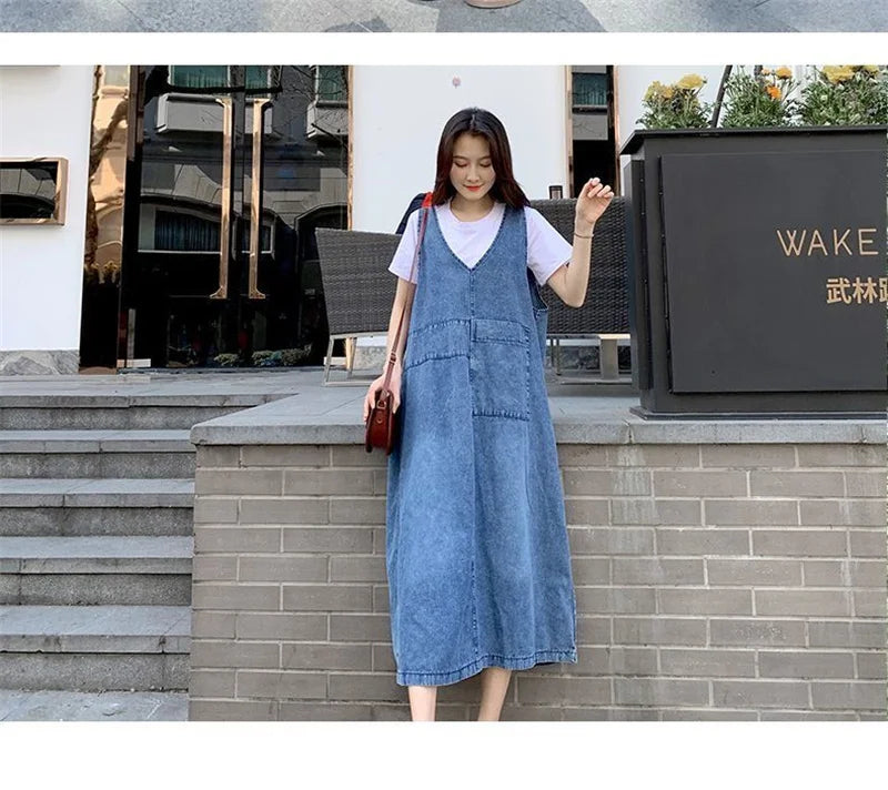 Fashion Women Denim Suspender Dress Loose V-Neck Sleeveless Suspender Dress Female Short Sleeve T-Shirt+Jeans Dresses Sets