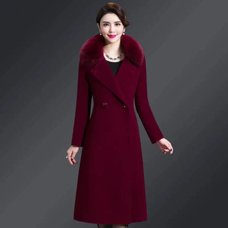 High Quality Big Fur Collar Woolen Coat Women Belt Knee-Length Double Breasted Mid-Long Woolen Jacket For Autumn Winter Outcoat