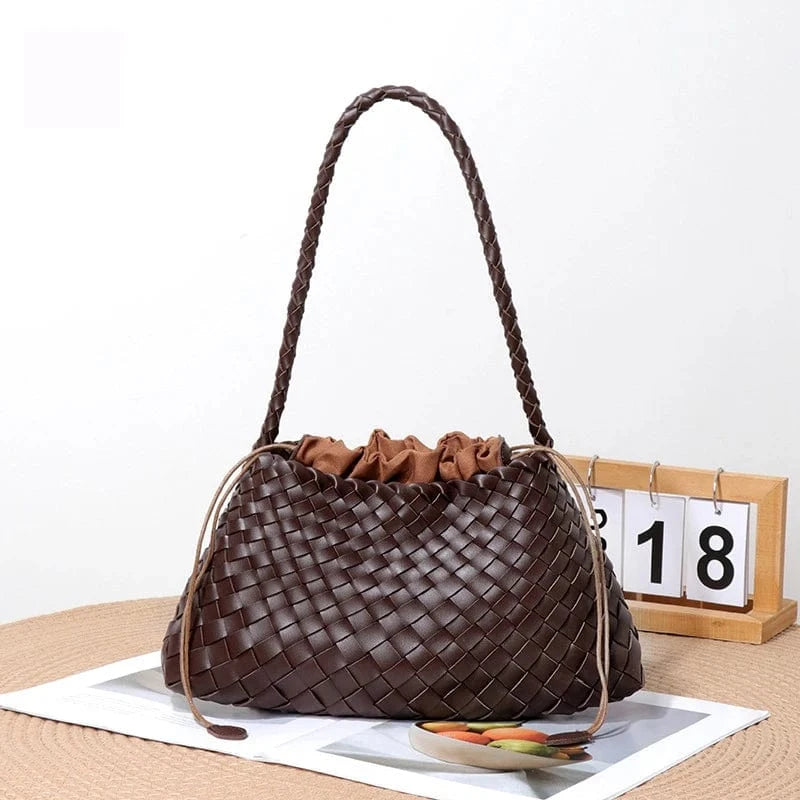 2025 Summer Luxury Woven Shoulder Bags for Ladies Fashion Handmade Woven Casual Braided Tote Hand Bag with Drawstring Purse