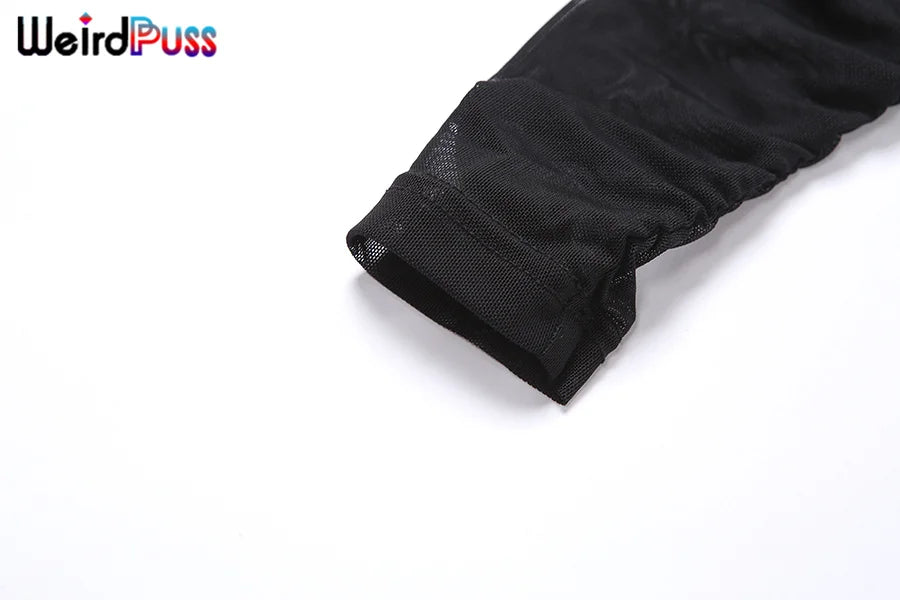 Weird Puss 2023 Mesh Patchwork Bodysuit Sexy Women Sleeve Ruched Skinny Turtleneck Bodycon Elegant Wild Tops Streetwear Outfits