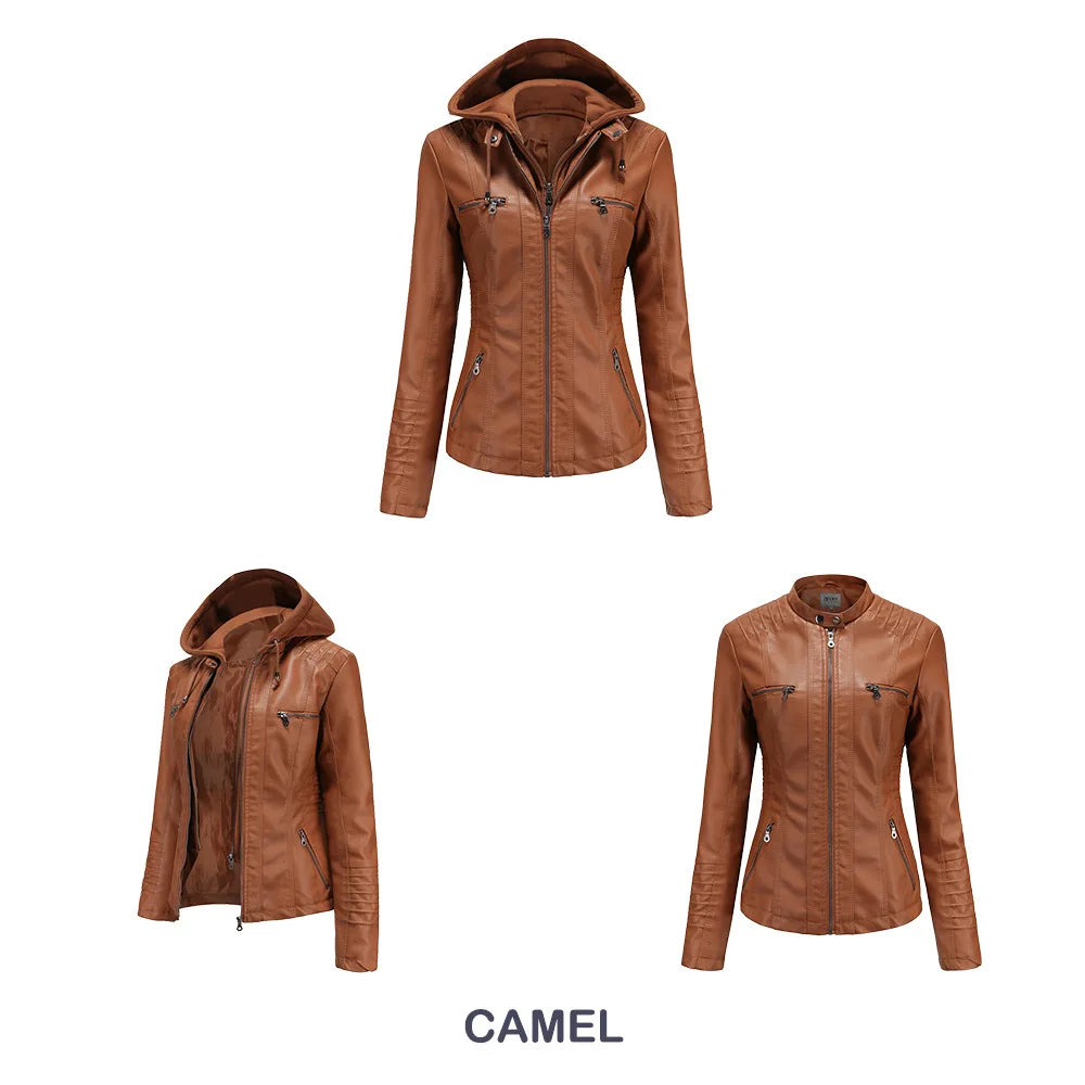 Autumn Winter Women Leather Jacket Hooded Removable PU Leather Jackets Motorcycle Long Sleeve Zipper Coat Black Outerwear XS-7XL