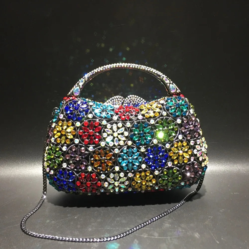 Women Champagne/Blue Color Stone Evening Bags Purses and Handbags Wedding Party Dinner Crystal Flower Clutch Bags Minaudiere Bag