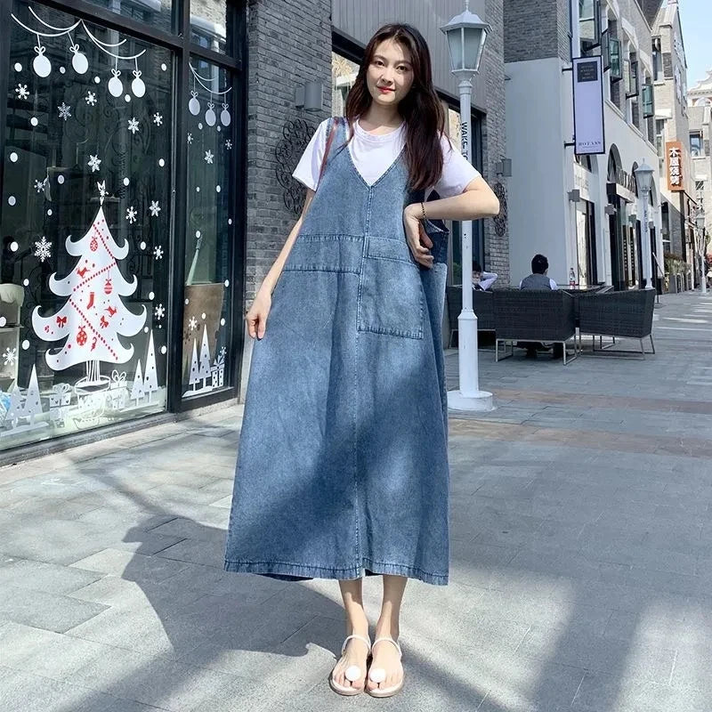 Fashion Women Denim Suspender Dress Loose V-Neck Sleeveless Suspender Dress Female Short Sleeve T-Shirt+Jeans Dresses Sets