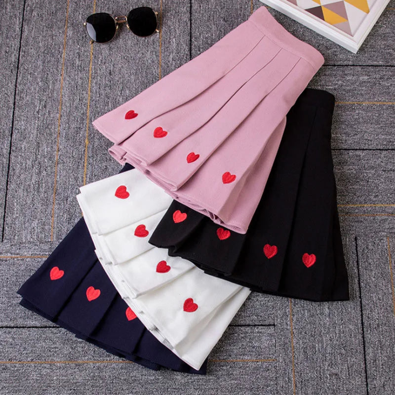 Black Heart Embroidery Pleated Mini Skirt Women Summer Girl High School Student Skirt Sweet High Waist Skirt Aline Saia Feminina