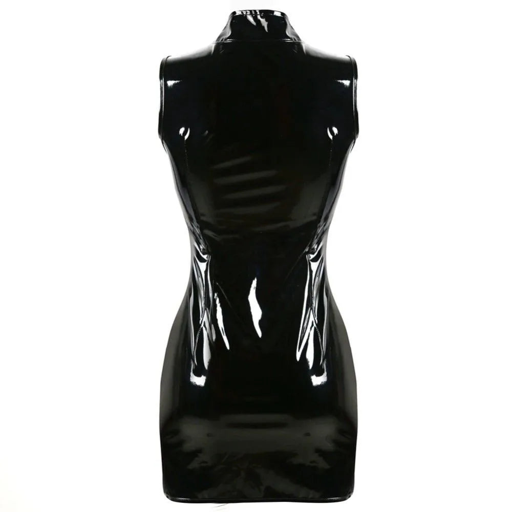 Black Punk Zipper Slim PVC Patent Leather Bodycon Dress for Women