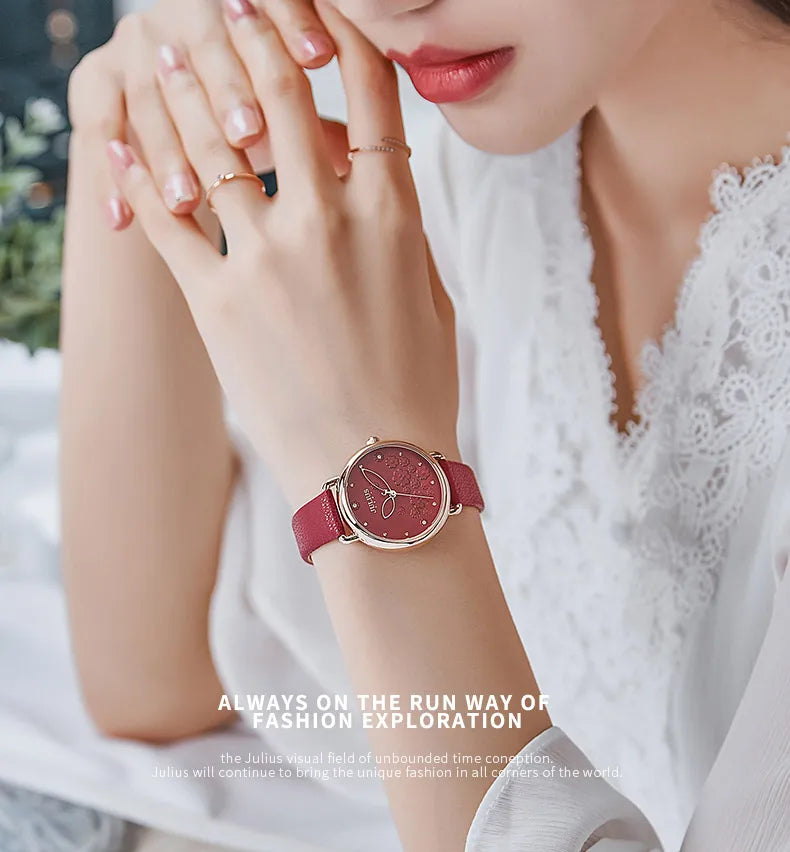 Four-leaf Clover Flower Elegant Women's Watch Japan Mov't Lady Hours Fine Fashion Real Leather Bracelet Girl's Gift Julius Box