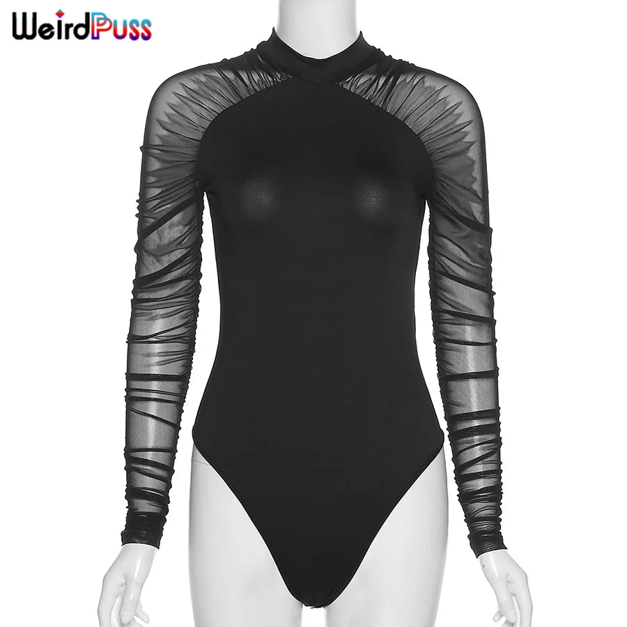 Weird Puss 2023 Mesh Patchwork Bodysuit Sexy Women Sleeve Ruched Skinny Turtleneck Bodycon Elegant Wild Tops Streetwear Outfits