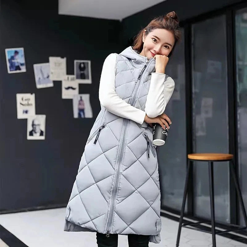 2024 New Winter Down Cotton Hooded Sleeveless Waistcoat Loose Vest Cotton Vest Long Women's Autumn Jacket Female Bisic Coats 90