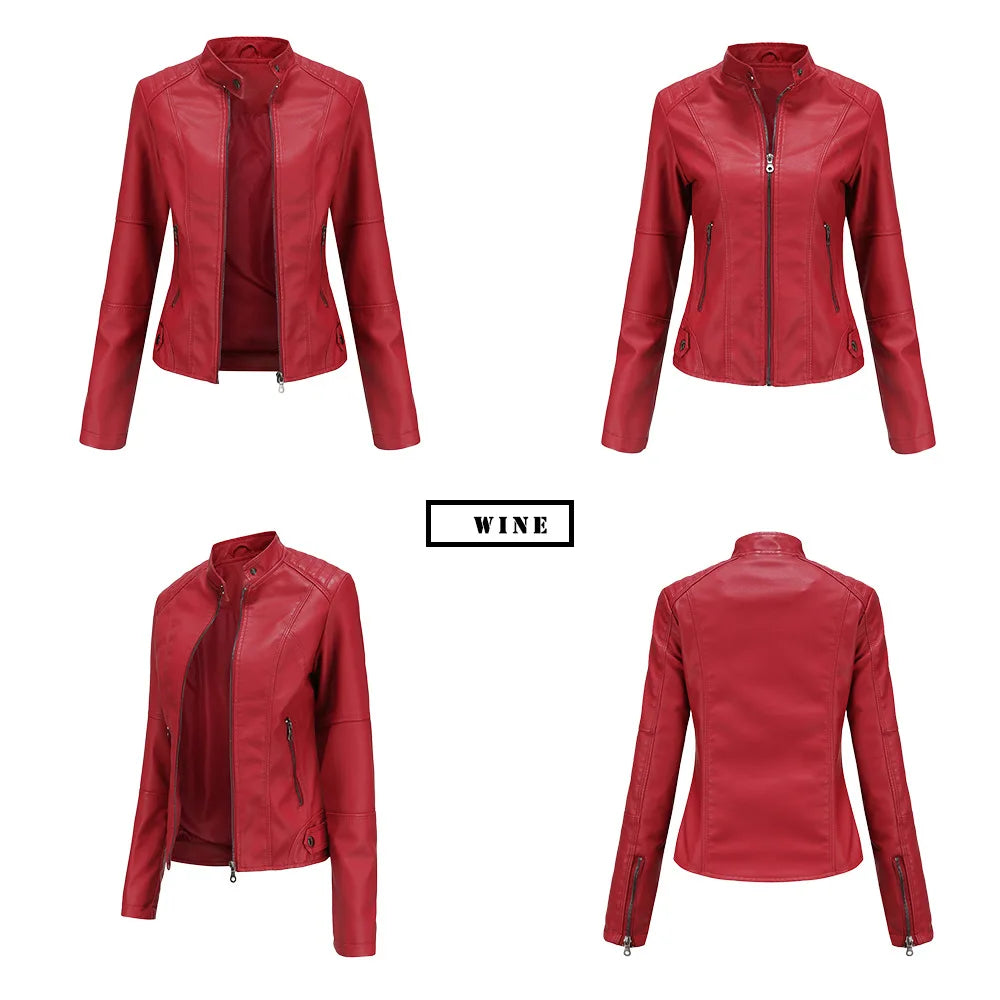 Women Leather Jacket 2025 Spring Autumn Black PU Leather Coat Stand-up Collar Motor Biker Jacket