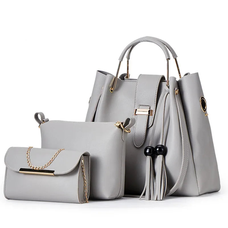 High Quality Women' s 3 Pcs Set Large Capacity Handbag Solid Color Purse Shoulder Messenger Bag Pu Leather Tote Bag