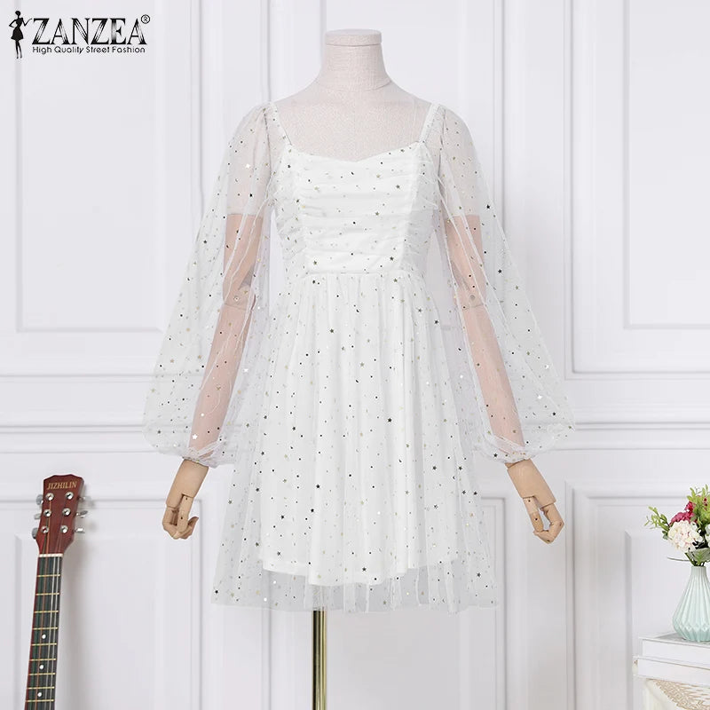 ZANZEA Elegant Women Dress 2024 Spring Summer Lace Patchwork Knee Length Dresses Casual Solid Long Sleeve A-line Oversized Robe