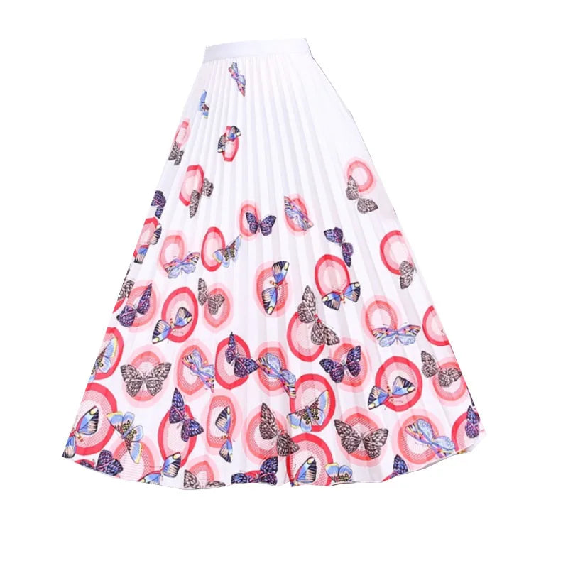 Casual Floral Midi Pleated Skirt For Women Fashion Printed Flower A Line Elastic High Waist Mid-length Skirt Female Ladies falda