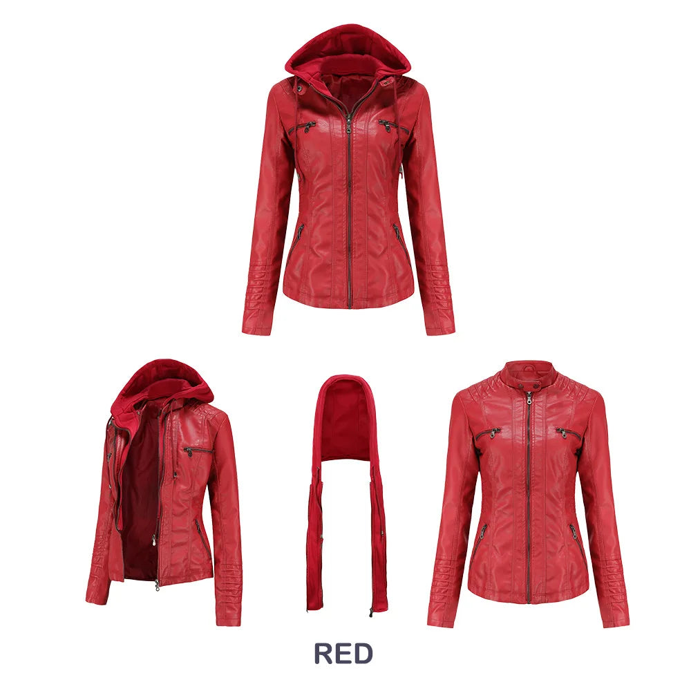 Autumn Winter Women Leather Jacket Hooded Removable PU Leather Jackets Motorcycle Long Sleeve Zipper Coat Black Outerwear XS-7XL
