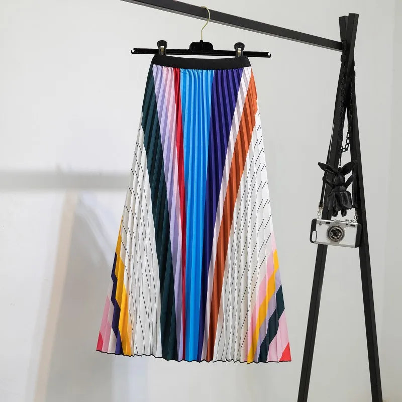 Casual Floral Midi Pleated Skirt For Women Fashion Printed Flower A Line Elastic High Waist Mid-length Skirt Female Ladies falda