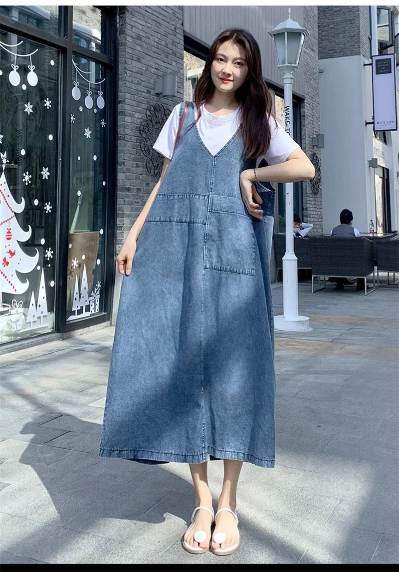 Fashion Women Denim Suspender Dress Loose V-Neck Sleeveless Suspender Dress Female Short Sleeve T-Shirt+Jeans Dresses Sets
