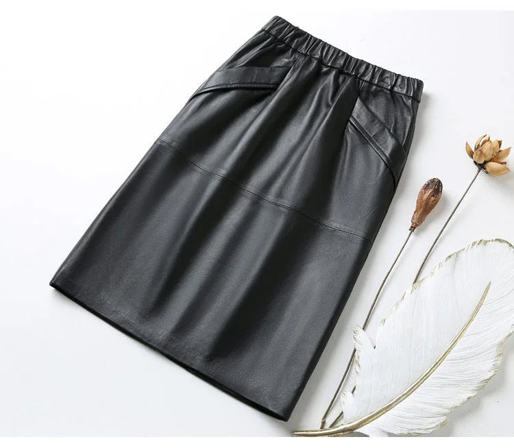 Leather Skirt Women With Pockets Midi Skirts Womens 2025 New Genuine Black And Green Sheepskin Leather Pencil Skirt Hgh Waist