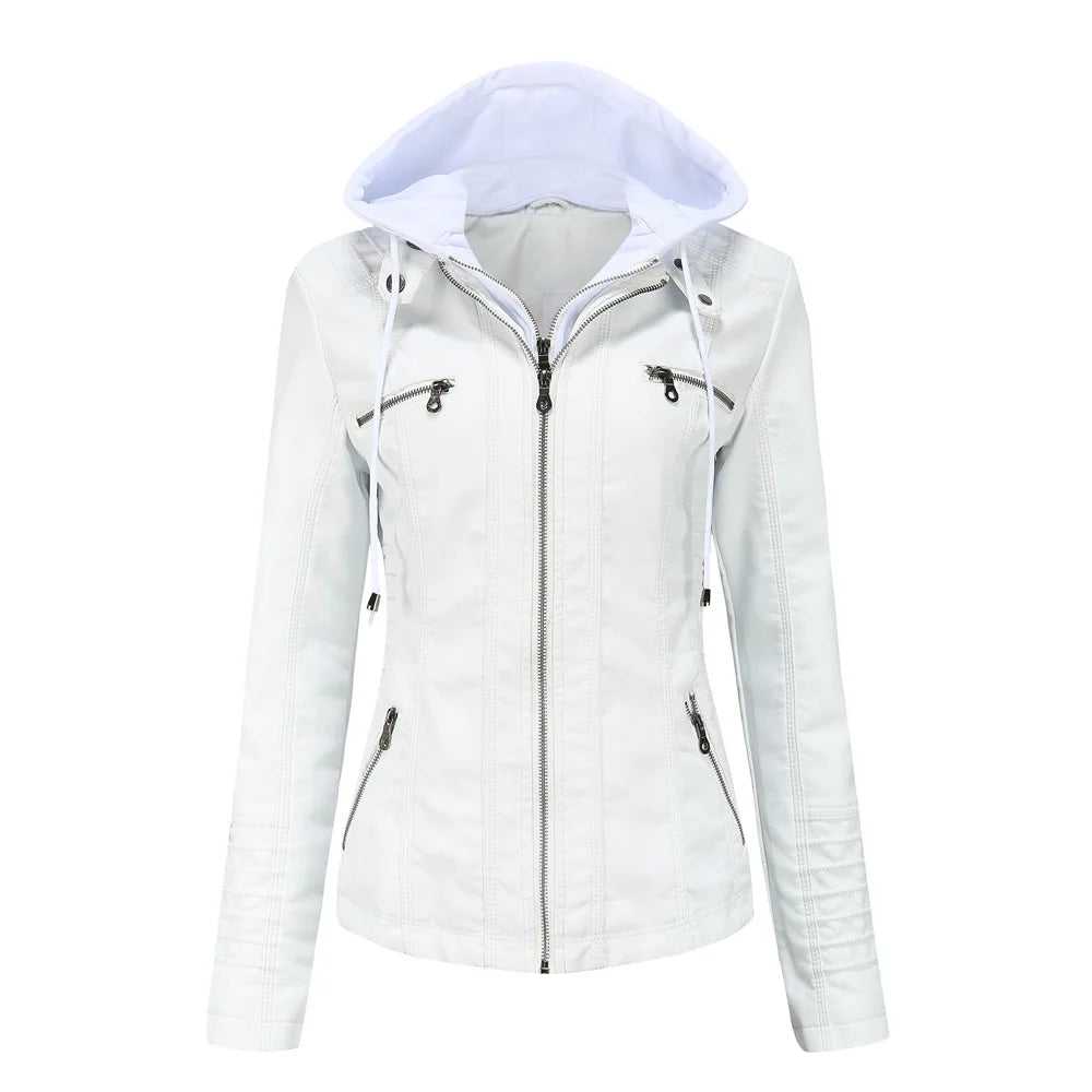 Autumn Winter Women Leather Jacket Hooded Removable PU Leather Jackets Motorcycle Long Sleeve Zipper Coat Black Outerwear XS-7XL
