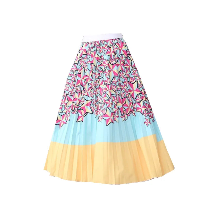 Casual Floral Midi Pleated Skirt For Women Fashion Printed Flower A Line Elastic High Waist Mid-length Skirt Female Ladies falda