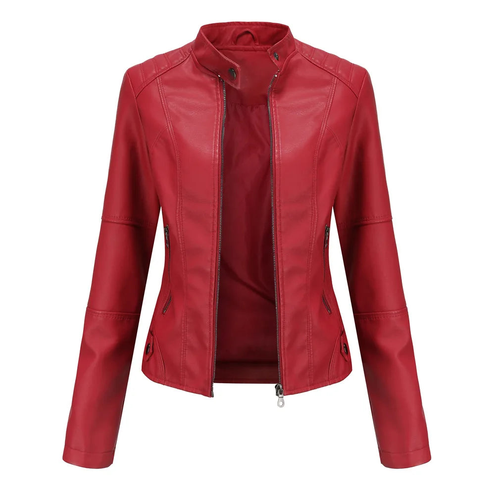Women Leather Jacket 2025 Spring Autumn Black PU Leather Coat Stand-up Collar Motor Biker Jacket