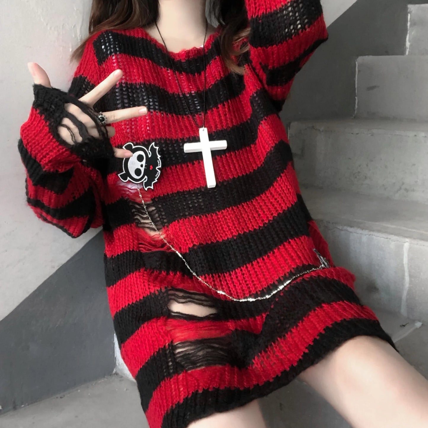 Karrram Pink Striped Gothic Sweaters Women Ripped Holes Loose Knitted Pullover Frayed Fairy Grunge Jumpers Emo Streetwear Lolita